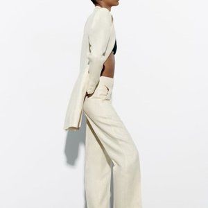 ZARA 2023 IN STORES NOW $69 Oatmeal Wide Leg Linen High Waist Pants XS Capri NEW